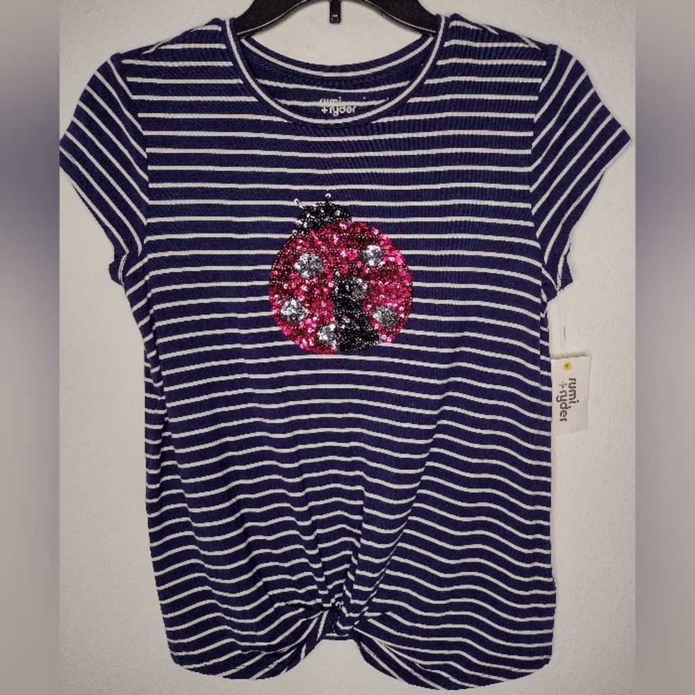 NWT Rumi + Ryder Girl's Blue/White Striped/Sequin Ladybug Top Size L(12-14)